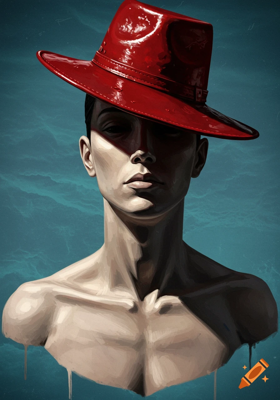 Artistic rendering of a person's bust wearing a shiny red fedora, with a striking shadow across the face, against a teal background.