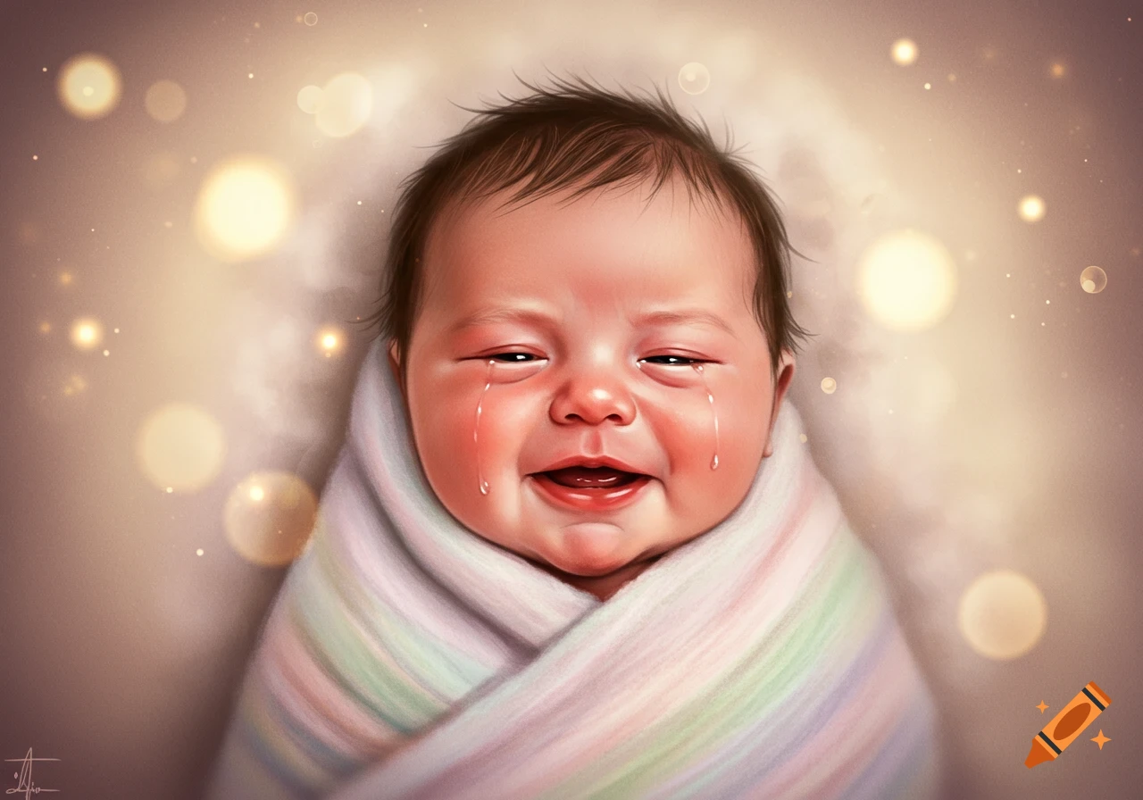 A digital painting of a crying newborn baby wrapped in a colorful striped blanket.
