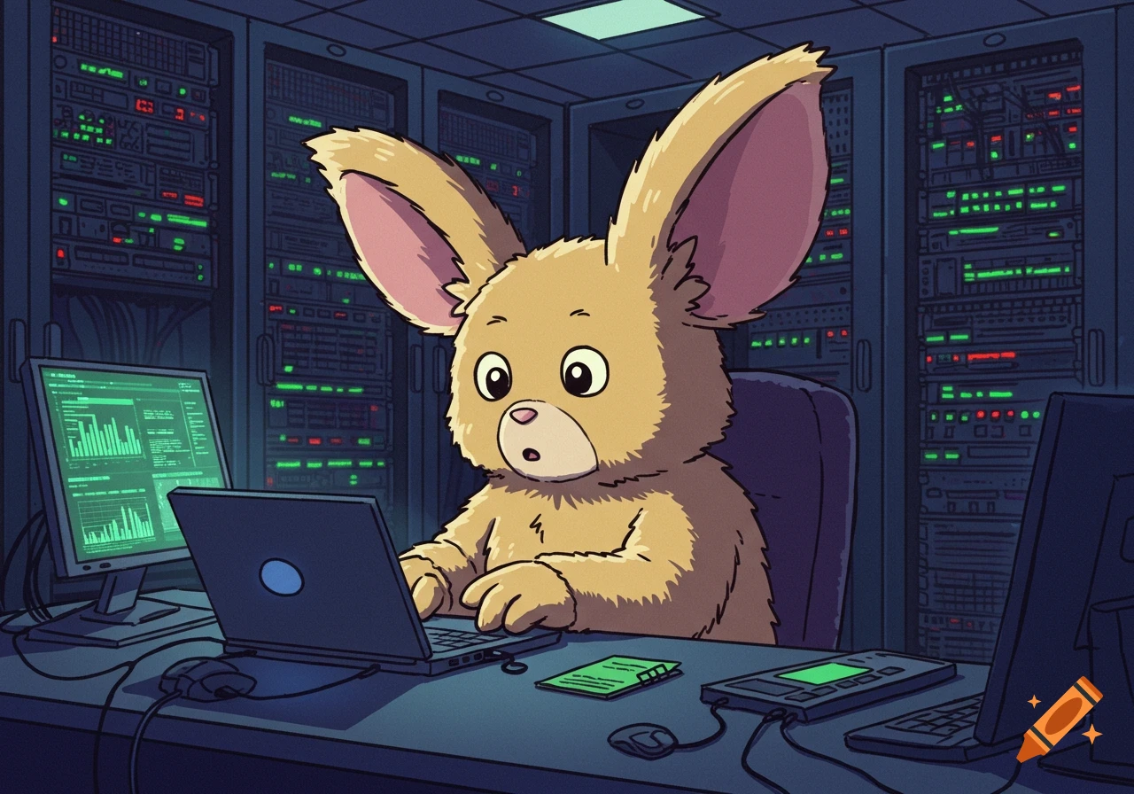 A cartoon bunny-like creature with large ears works on a laptop at a desk in a server room with glowing green lights.