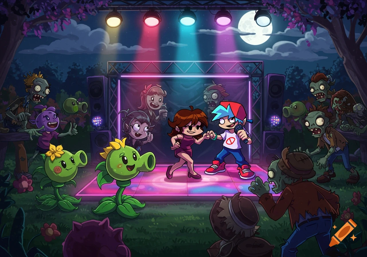 Cartoon illustration of Friday Night Funkin' characters dancing on a stage under spotlights, surrounded by Plants vs. Zombies characters at a night party.