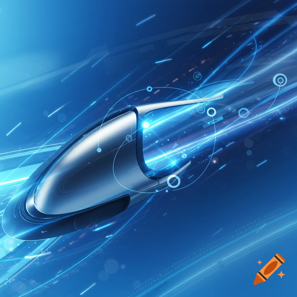 A sleek, metallic, futuristic capsule-like object flies through a vibrant blue digital space with light trails.