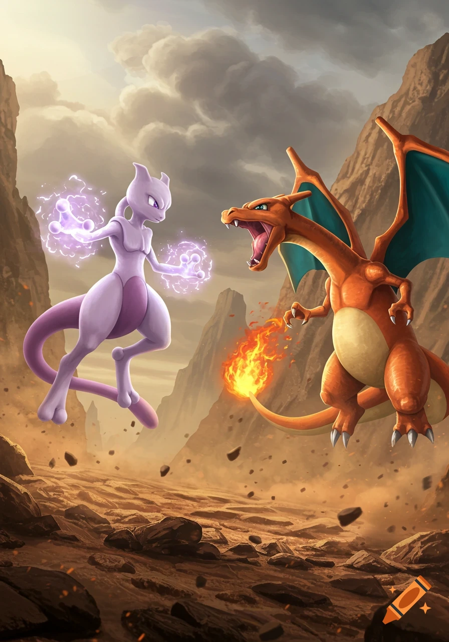 Realistic illustration of Mewtwo and Charizard facing off in a barren, rocky landscape under a dramatic sky.