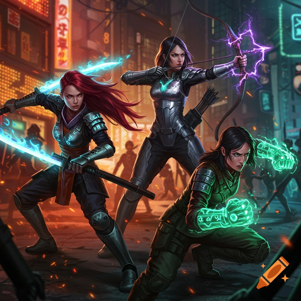 Three female warriors in a futuristic city, one with glowing blue swords, one with a purple electric bow, and one with green glowing fists, in combat poses.