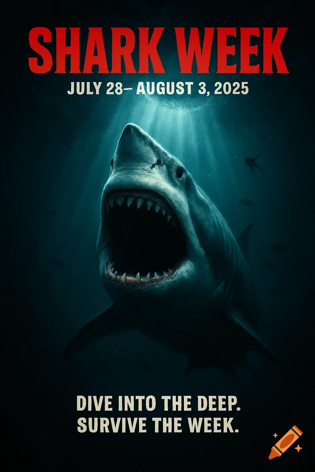 Dramatic Shark Week poster with a great white shark emerging from deep blue water, mouth open, towards light from above.