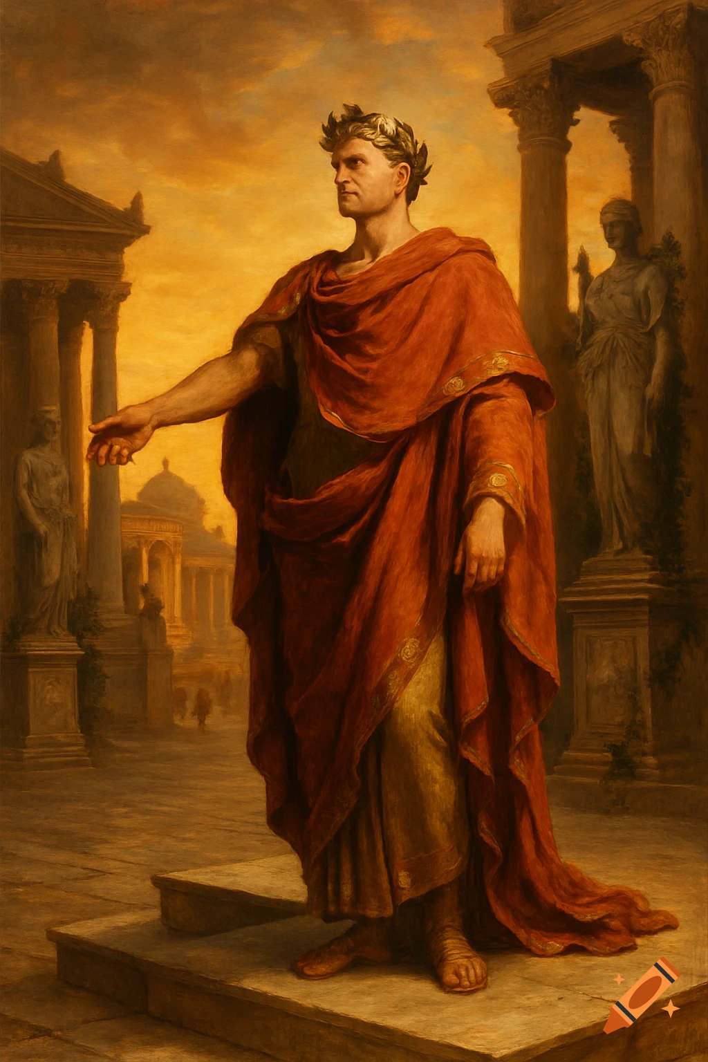 A man in a red toga and laurel wreath stands on steps in an ancient Roman setting under an orange sky, depicted in a classical painting style.