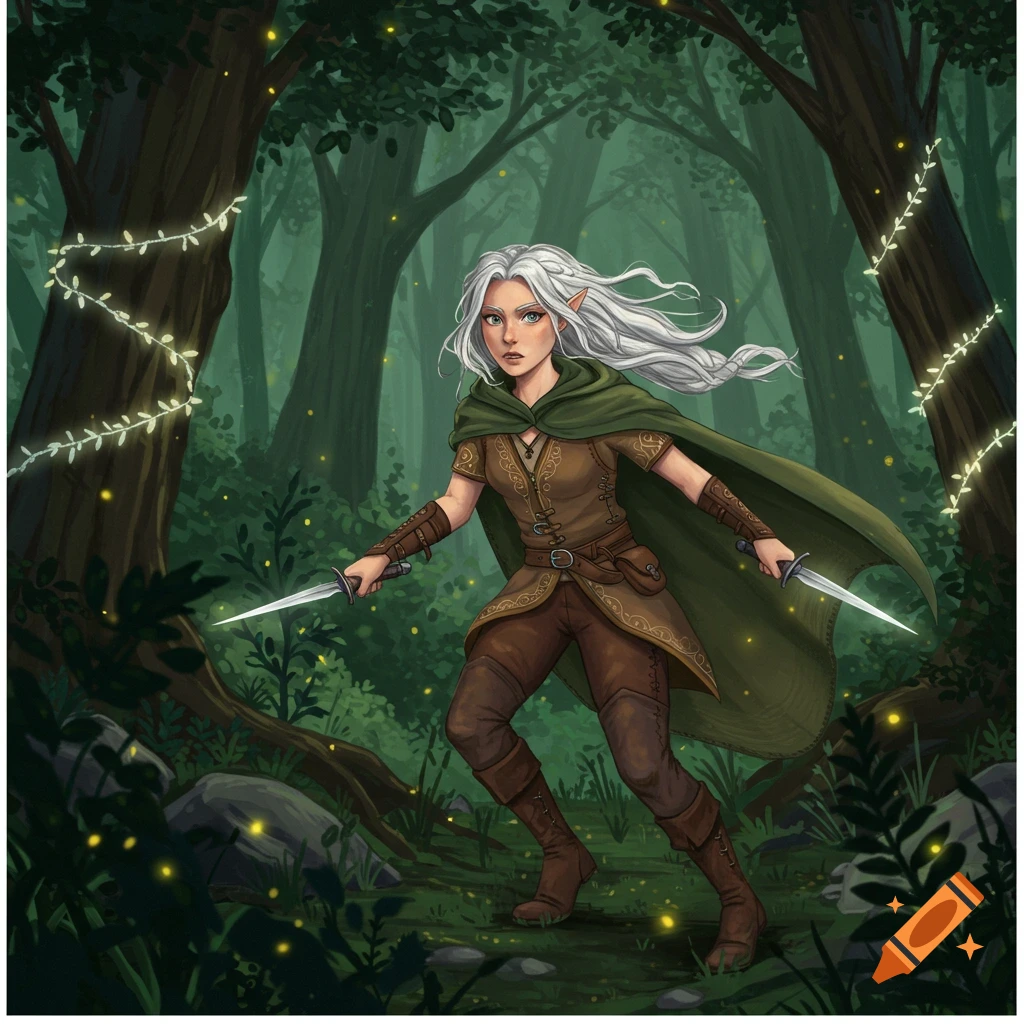 An elf rogue with white hair and a green cloak, holding two daggers in a magical forest with glowing lights.