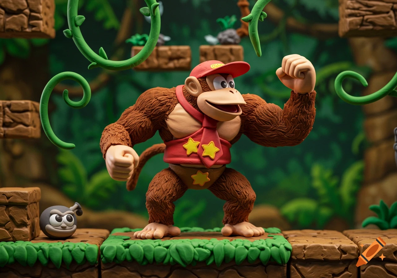 Muscular Diddy Kong clay model flexing in a Donkey Kong Country 2D side-scrolling jungle level.