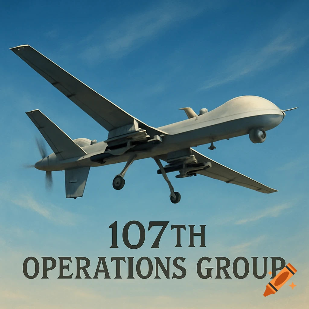 A photorealistic MQ-9 Reaper drone flies in a blue sky above text that reads '107TH OPERATIONS GROUP'.