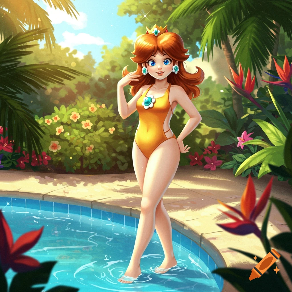 Princess Daisy in an orange swimsuit stands in a pool surrounded by lush tropical plants in a vibrant cartoon style.