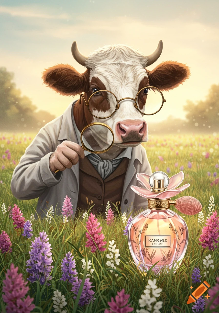 A cow in glasses and a lab coat examines a perfume bottle with a magnifying glass in a field of purple flowers.