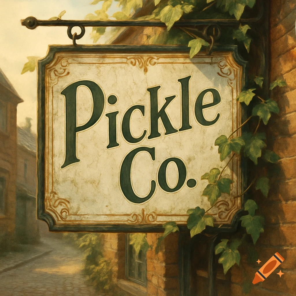 Vintage-style hanging sign with 'Pickle Co.' on a brick building, surrounded by ivy, with a street view.