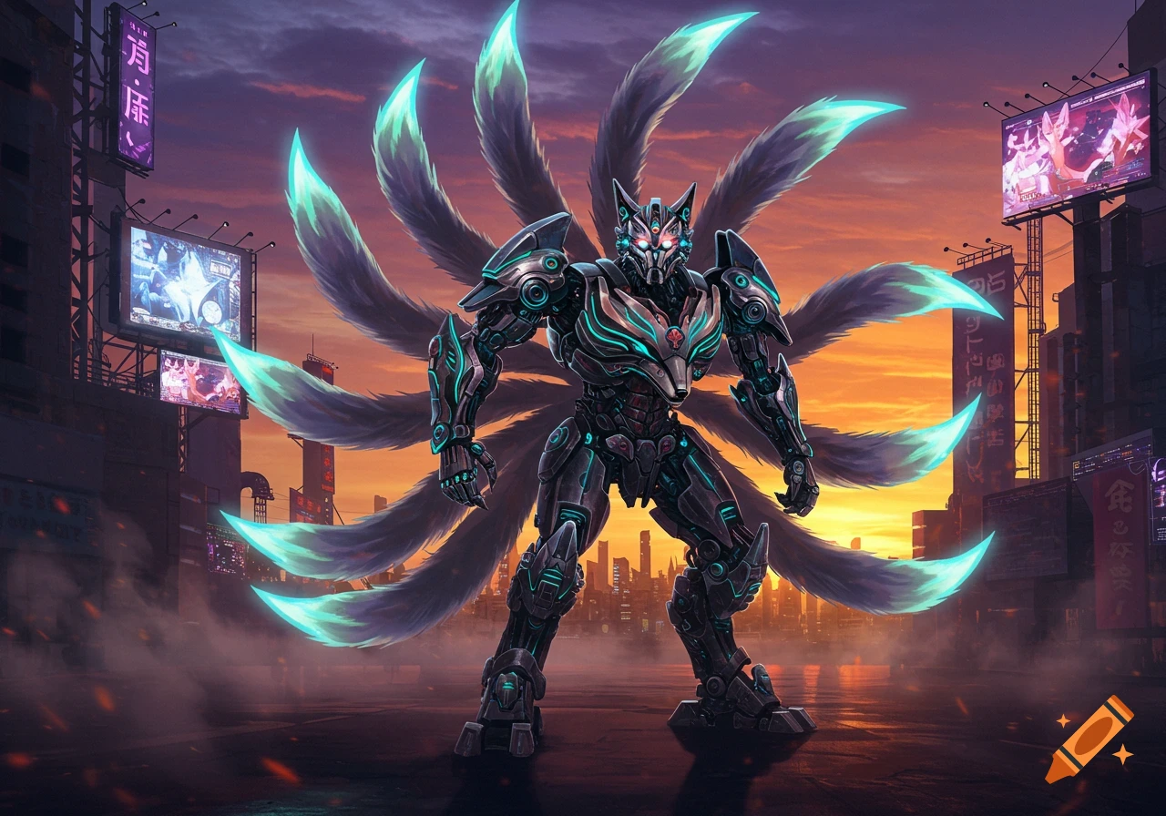A large, dark metallic robot with a fox-like head and nine glowing cyan tails stands in a futuristic city at sunset.