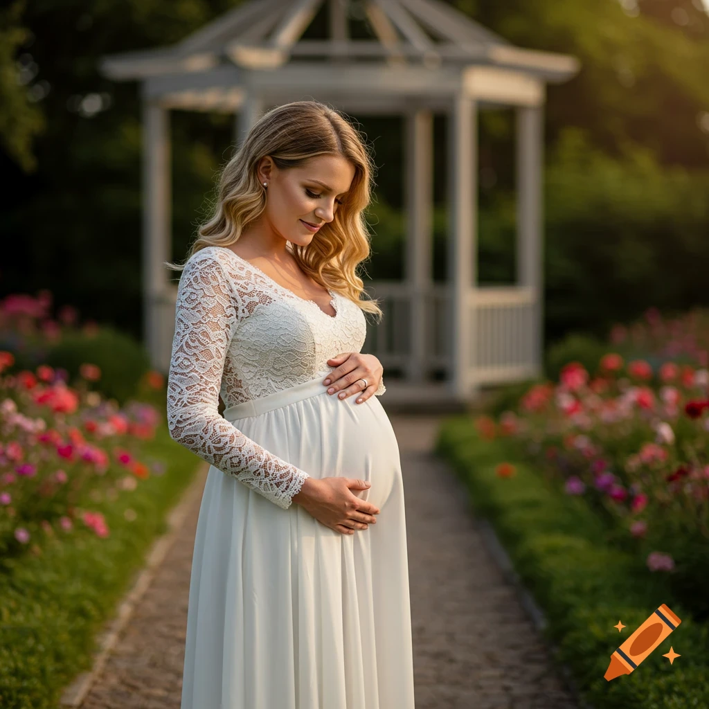 Photorealistic image of a pregnant woman in a white lace dress holding her belly on a garden path with flowers and a gazebo.
