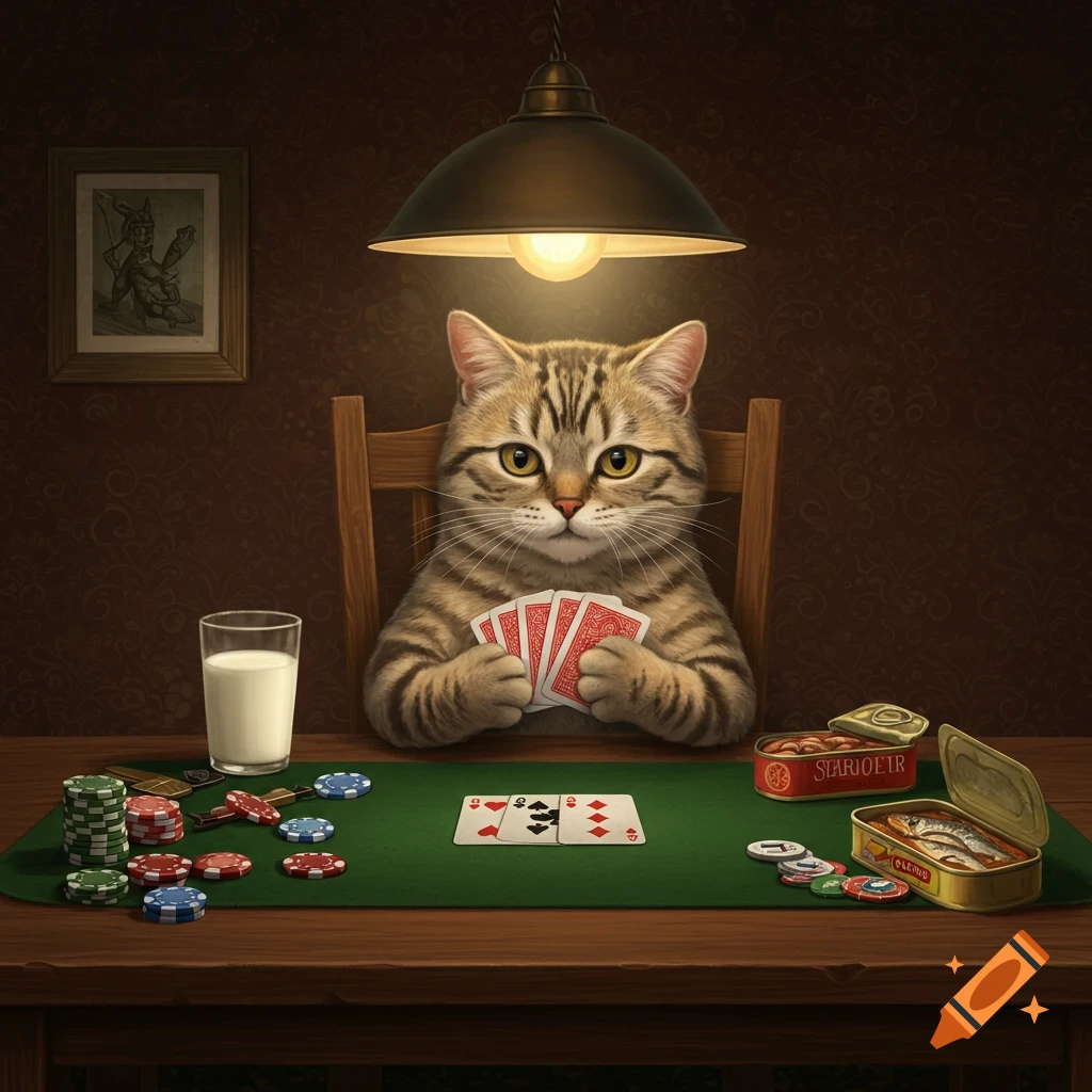 A tabby cat sits at a green poker table under a lamp, holding cards and surrounded by chips, milk, and canned fish.