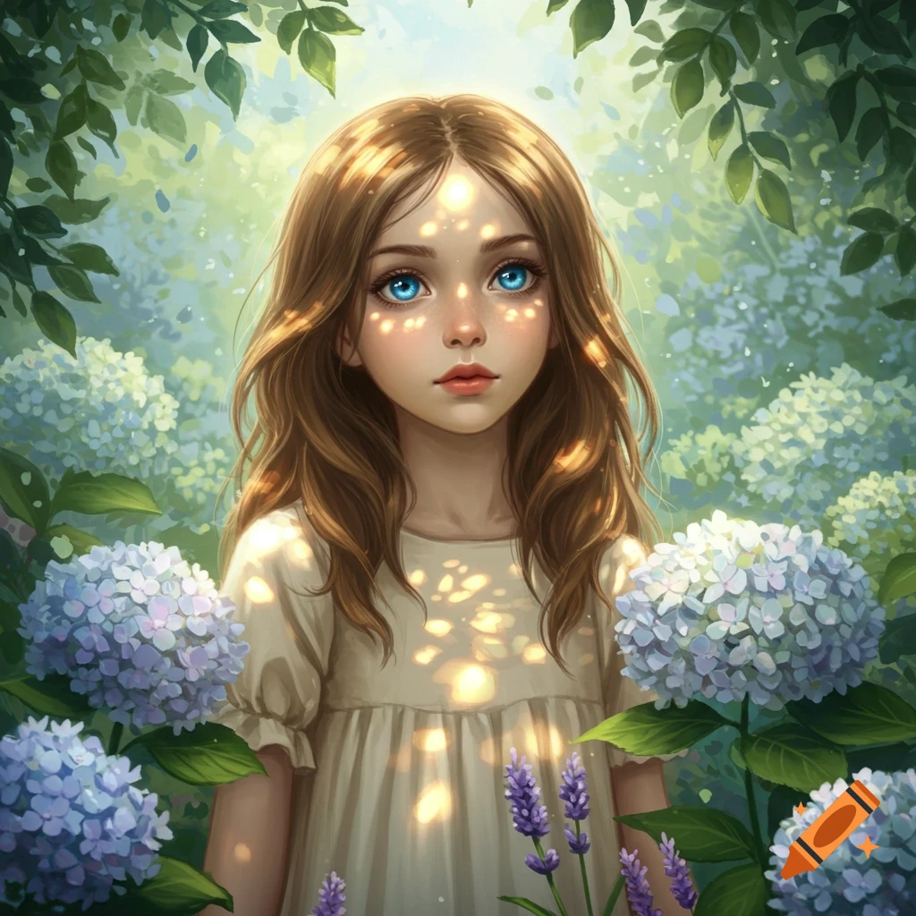 A young girl with long brown hair and striking blue eyes stands among purple and blue hydrangeas and lavender, bathed in dappled sunlight, digital painting.