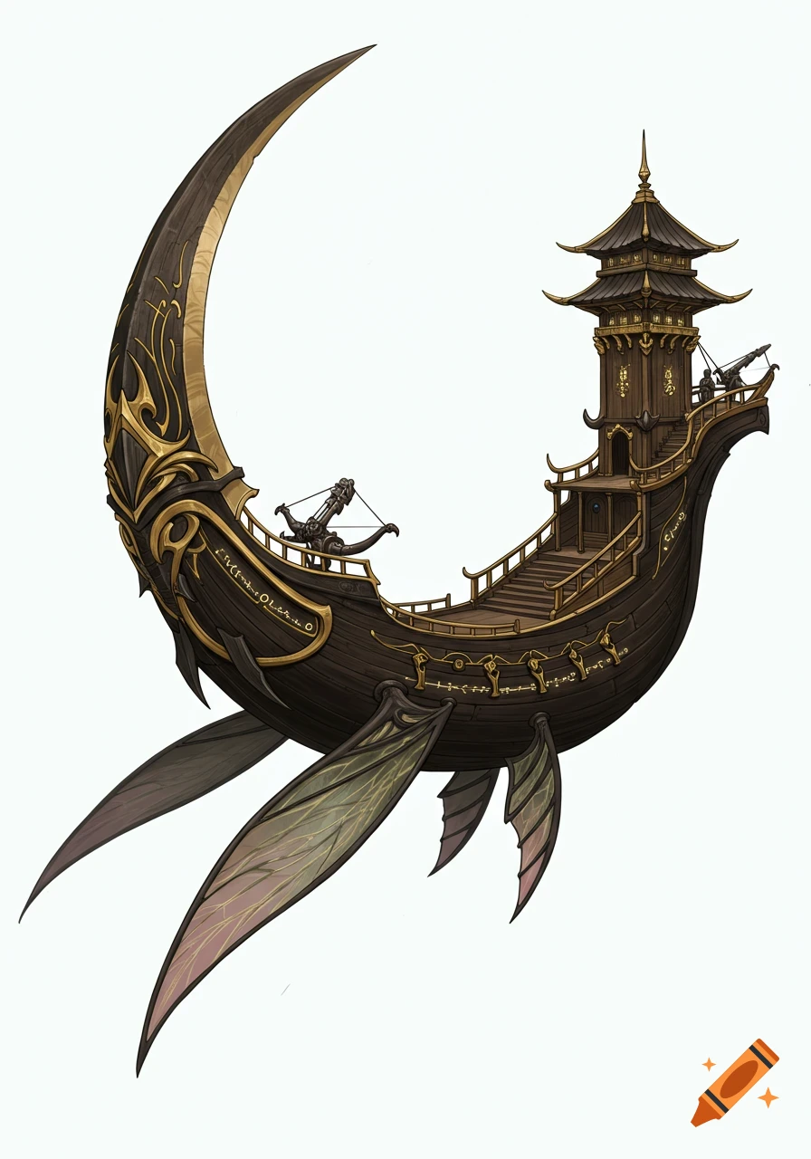 A fantasy airship shaped like a crescent moon with a pagoda-like structure and moth wings, on a white background.