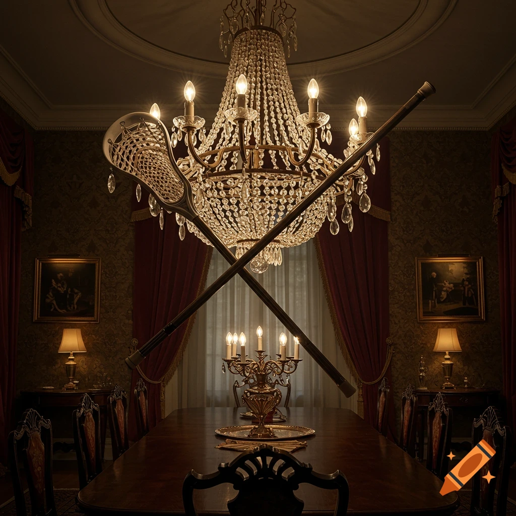 A lacrosse stick crosses in front of a grand crystal chandelier in a dimly lit, ornate dining room.