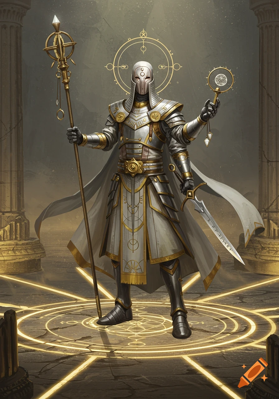 A warrior monk in intricate silver and gold armor stands in a ruin with glowing ley lines, holding a staff and sword.