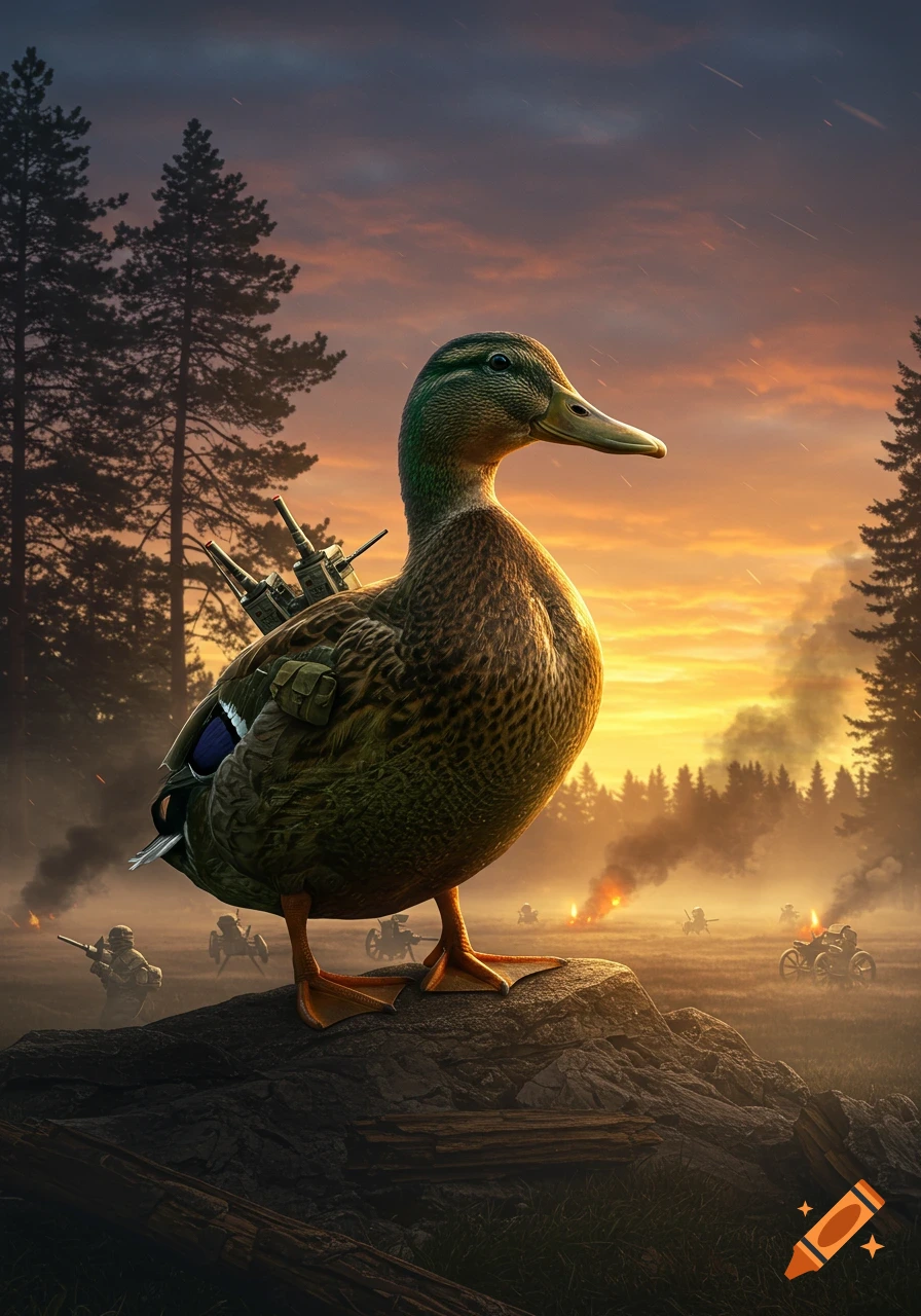 A photorealistic duck with artillery on its back stands on a rock. The background shows a smoky battlefield with explosions and soldiers at sunset.