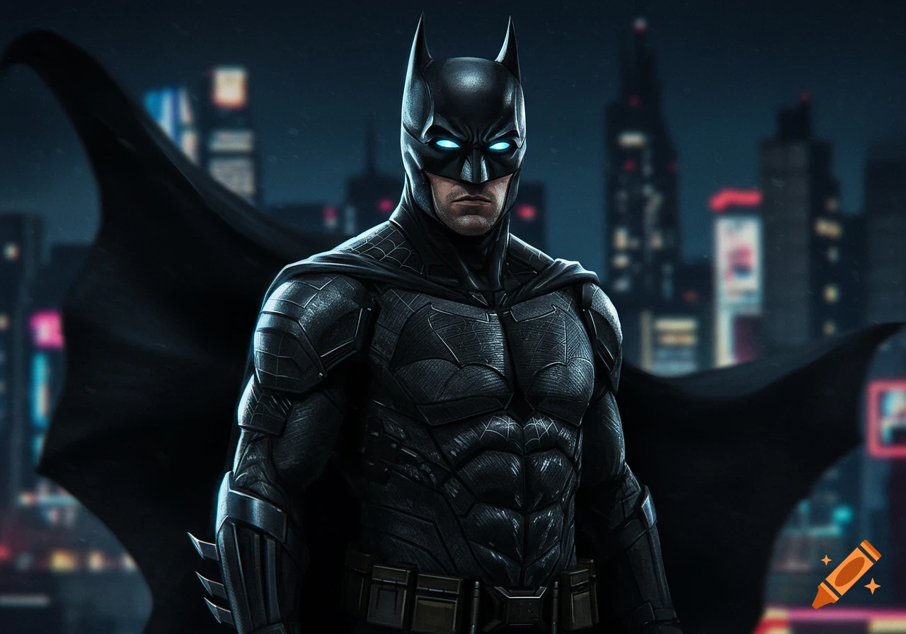 A detailed portrait of Batman in a dark, armored suit with glowing blue eyes, standing against a blurred city skyline at night.