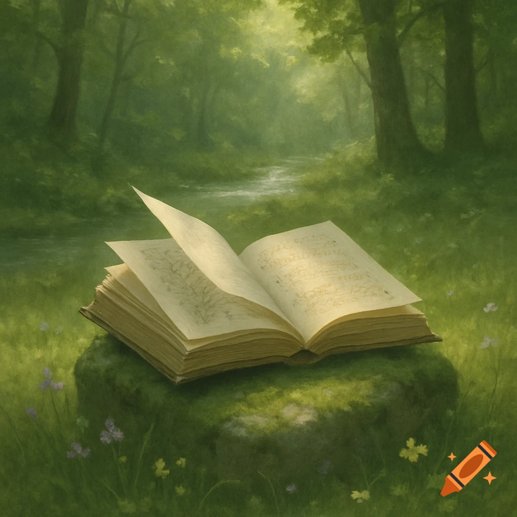 An open book with flowing pages rests on a mossy rock in a serene, misty green forest with a stream.