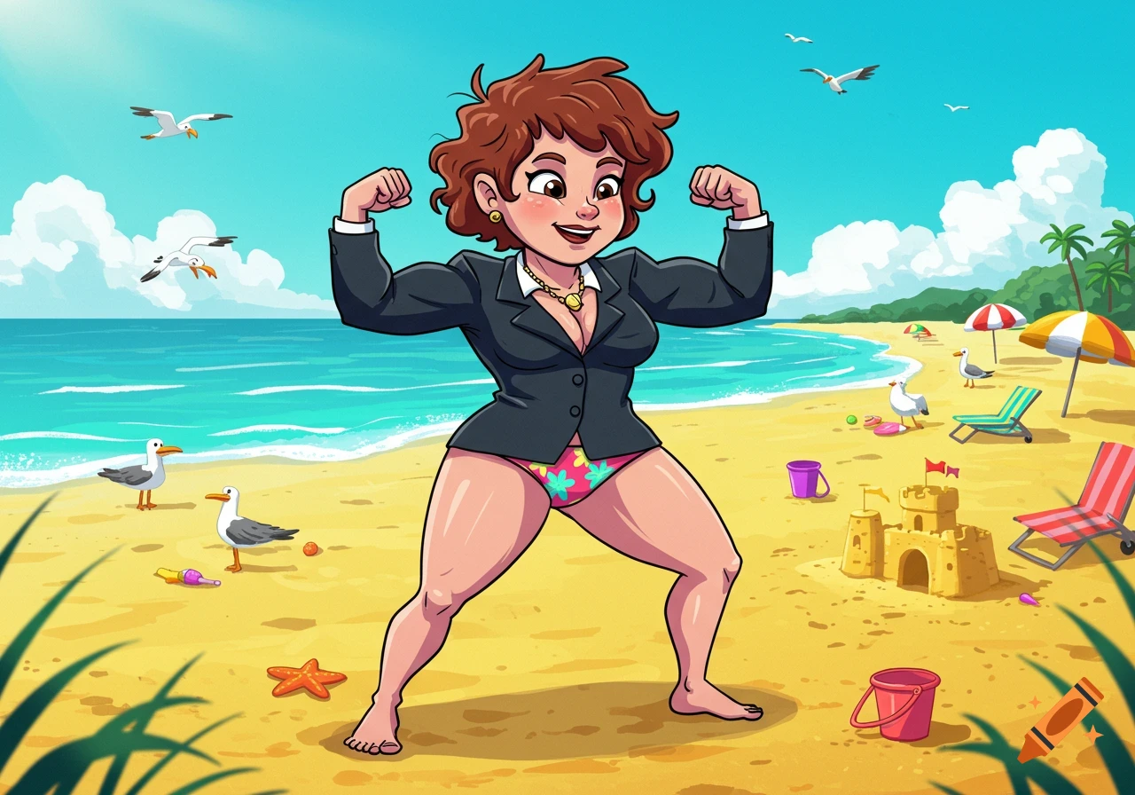 A cartoon woman with curly brown hair, wearing a business jacket and floral bikini bottoms, flexes her muscles on a sunny beach. Seagulls and sandcastles are in the background.