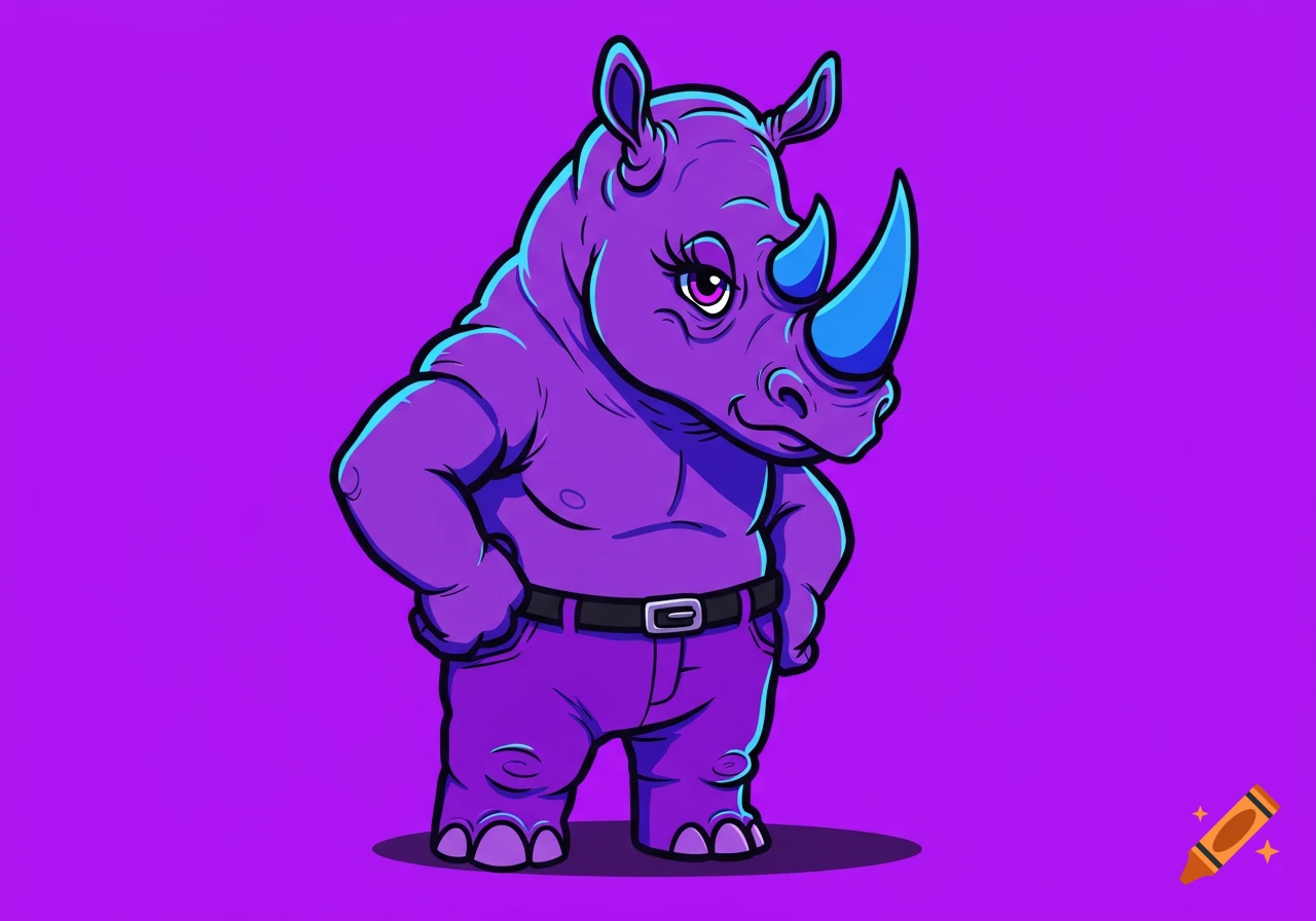 Purple cartoon rhinoceros with blue horns and long eyelashes, wearing pants and a belt, standing with one hand on its hip and a sassy smirk.