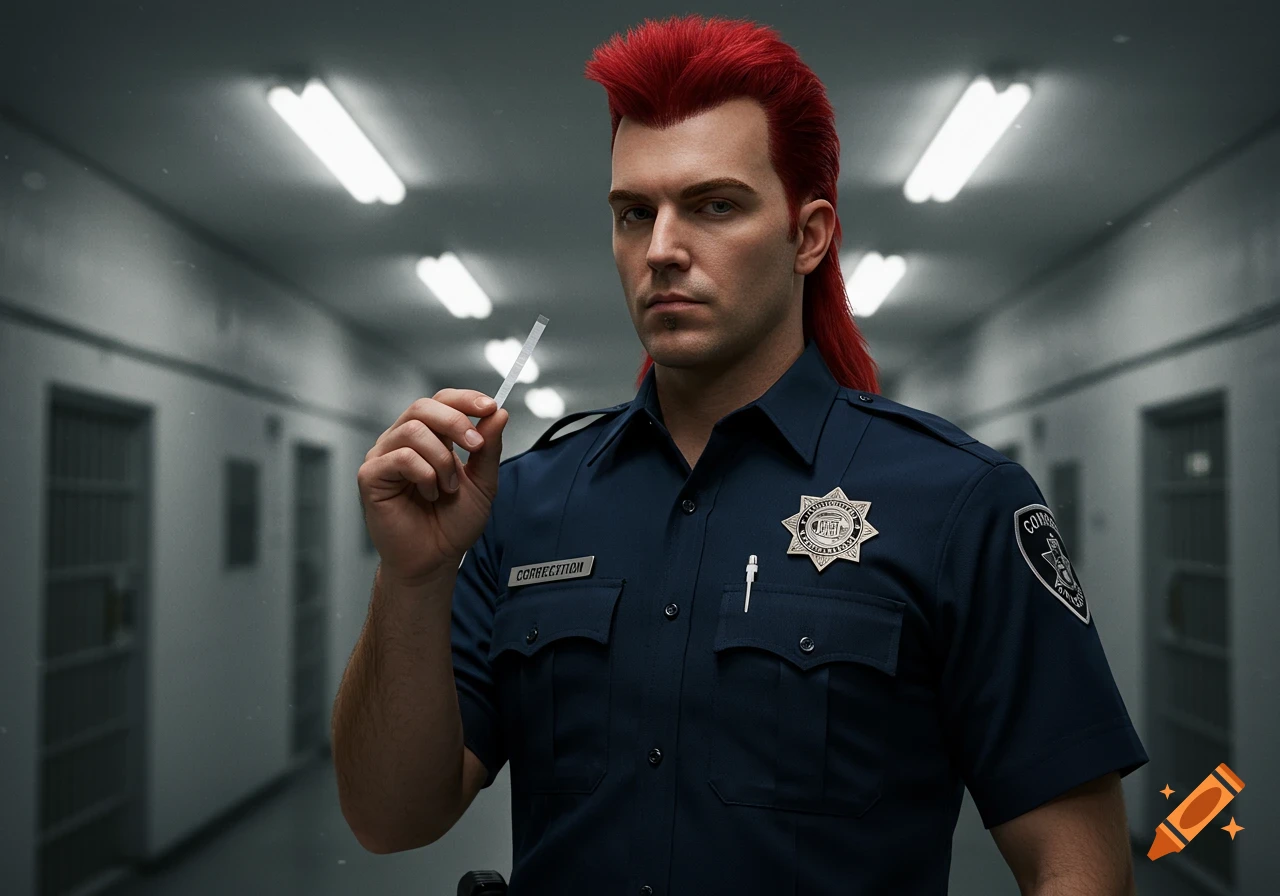 A photorealistic image of a red-haired correctional officer holding clear nicotine strips in a prison hallway.