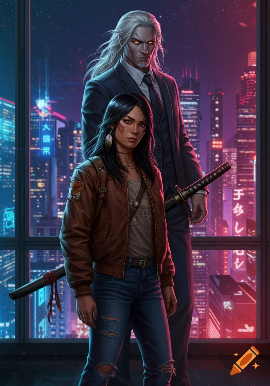 A Native American woman with a katana stands in front of a man with glowing eyes, overlooking a neon cyberpunk city.