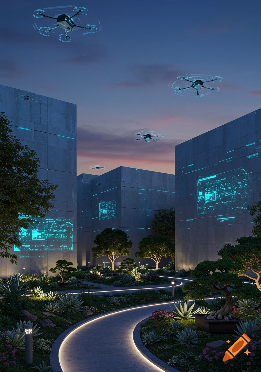 Futuristic park at dusk with glowing paths, lush plants, tall buildings displaying blue digital patterns, and several drones flying overhead.