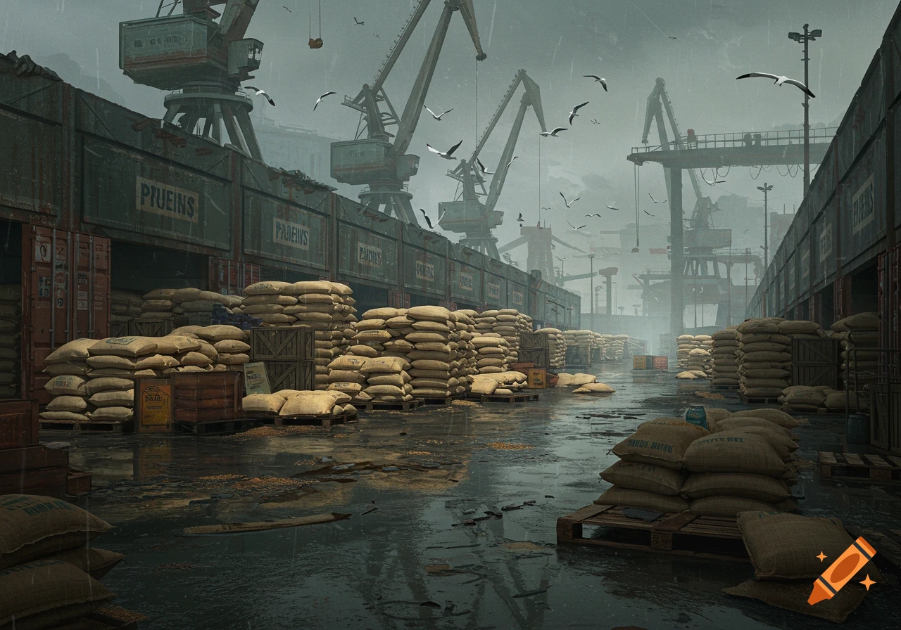 An atmospheric, rainy industrial port scene with large cranes, storage containers, and piles of burlap sacks on wet ground.