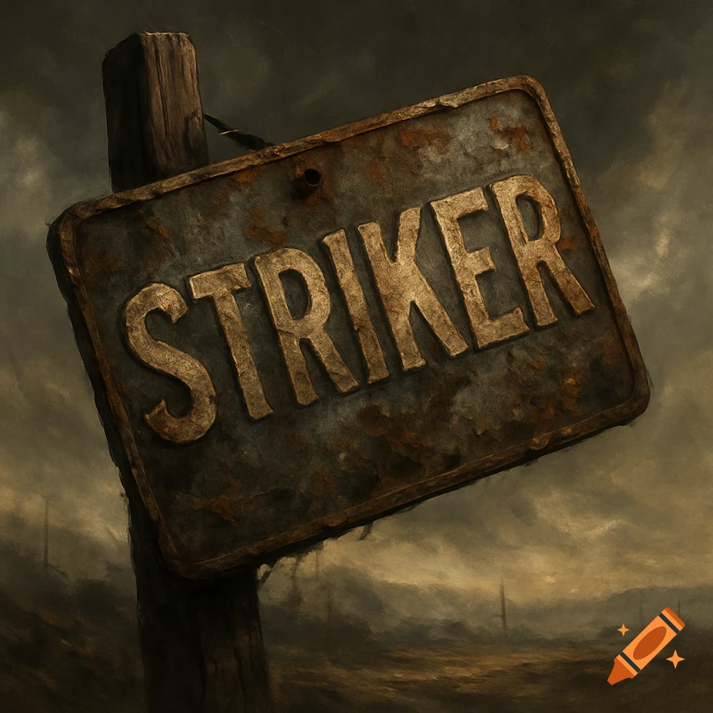 A close-up of a rusted metal sign with the word STRIKER on a wooden post against a dark, desolate landscape.