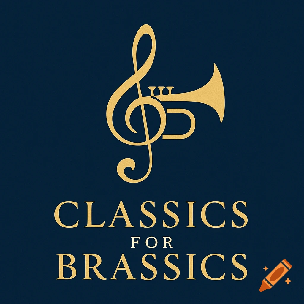 Gold logo on dark blue with a treble clef, trumpet, and 'Classics For Brassics' text.