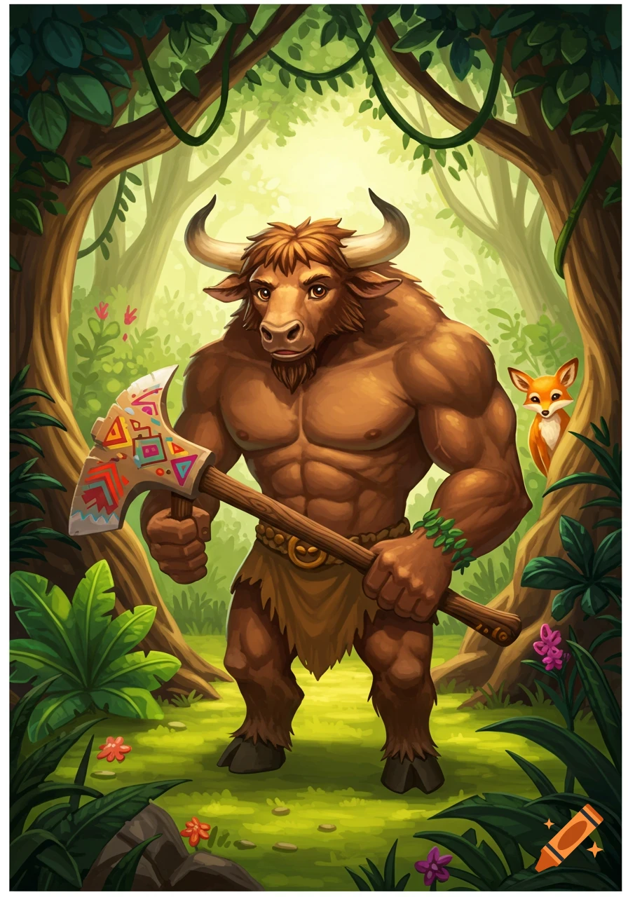 A muscular, cartoon-style minotaur with a decorated axe stands in a vibrant jungle, a small fox peeking from behind a tree.