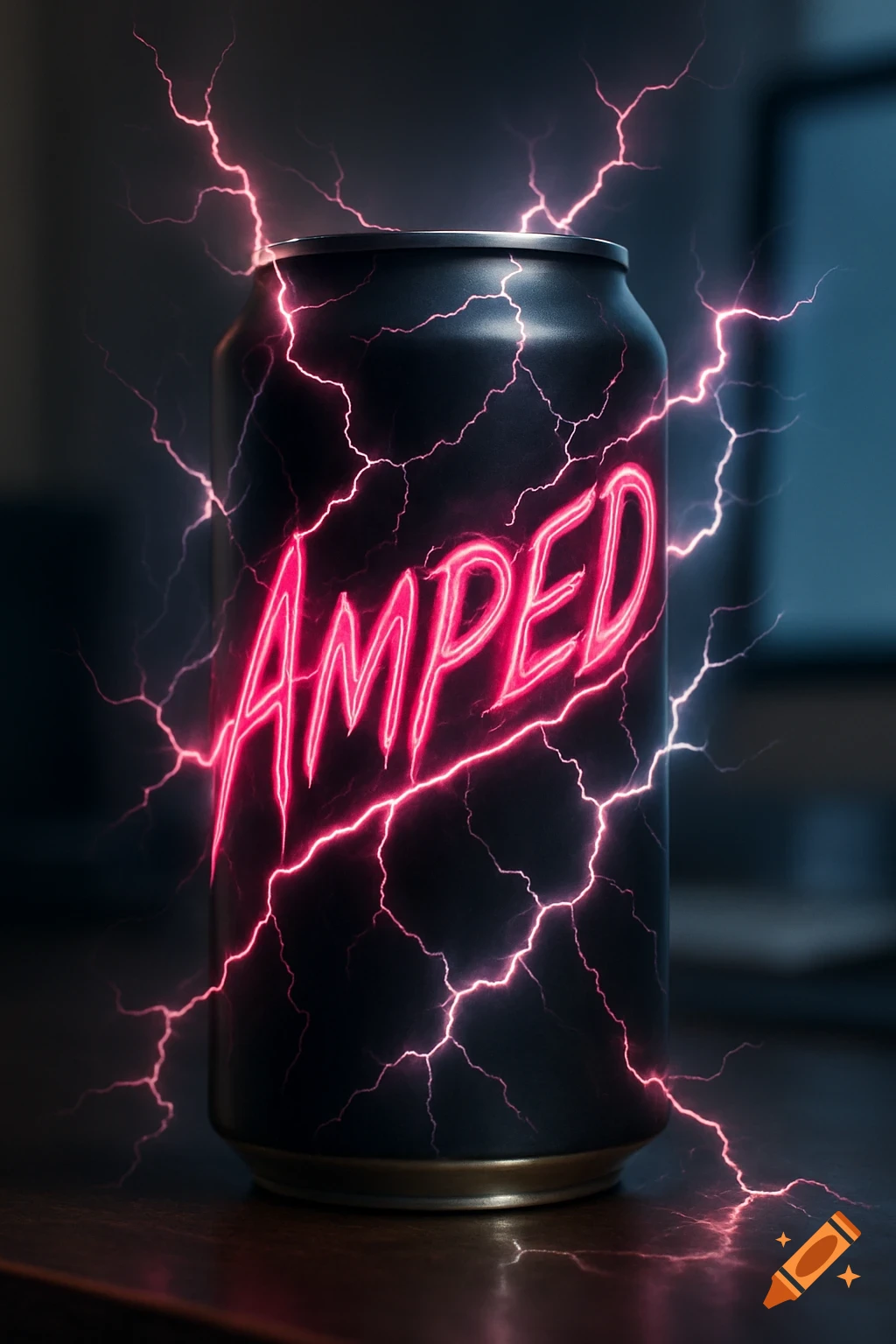 Photorealistic matte black energy drink can with neon pink 'AMPED' text and pink lightning bolts.