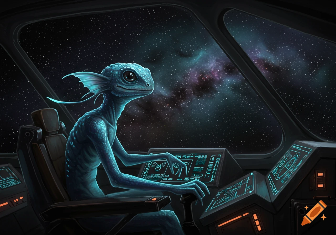 A blue, reptilian alien with large eyes and fins sits in a spaceship cockpit, looking out at a starry nebula.