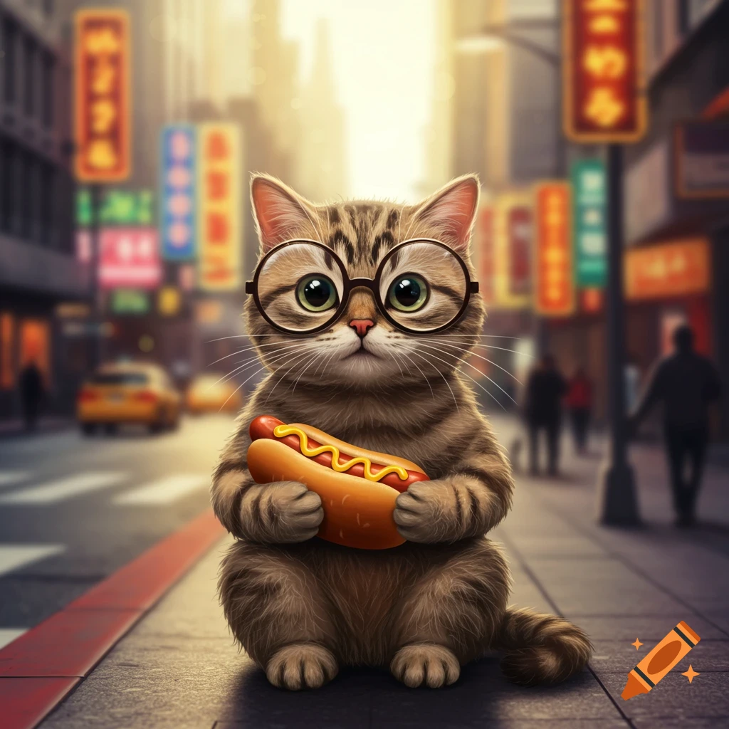 A cute, fluffy tabby cat wearing round glasses sits on a city sidewalk holding a hot dog with mustard, with blurred city street and buildings in the background.