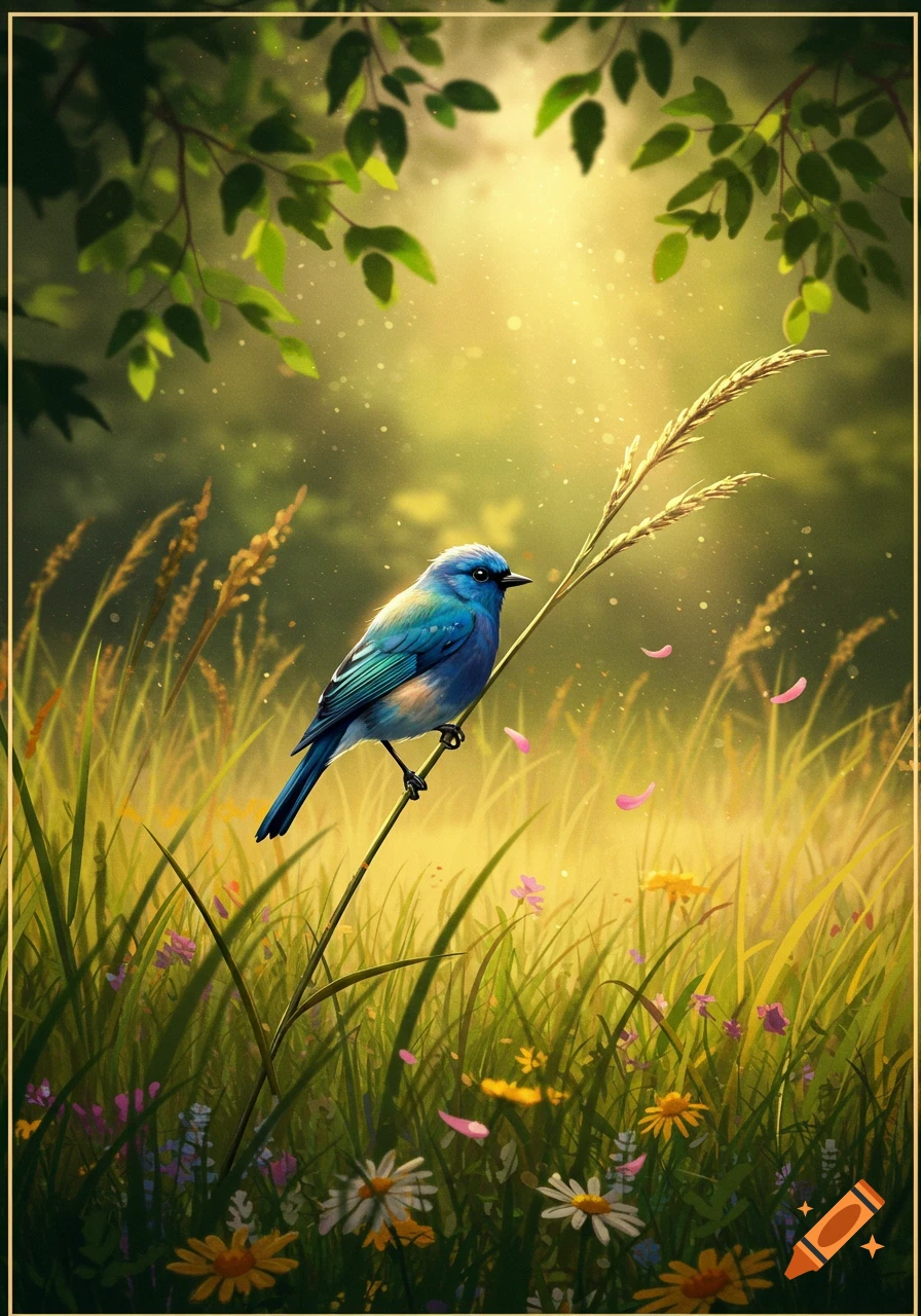 Vibrant blue bird on a wheat stalk in a sunlit meadow with wildflowers.