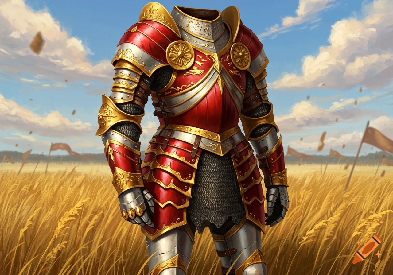 A detailed, ornate suit of red, gold, and silver armor stands in a golden wheat field under a blue sky.