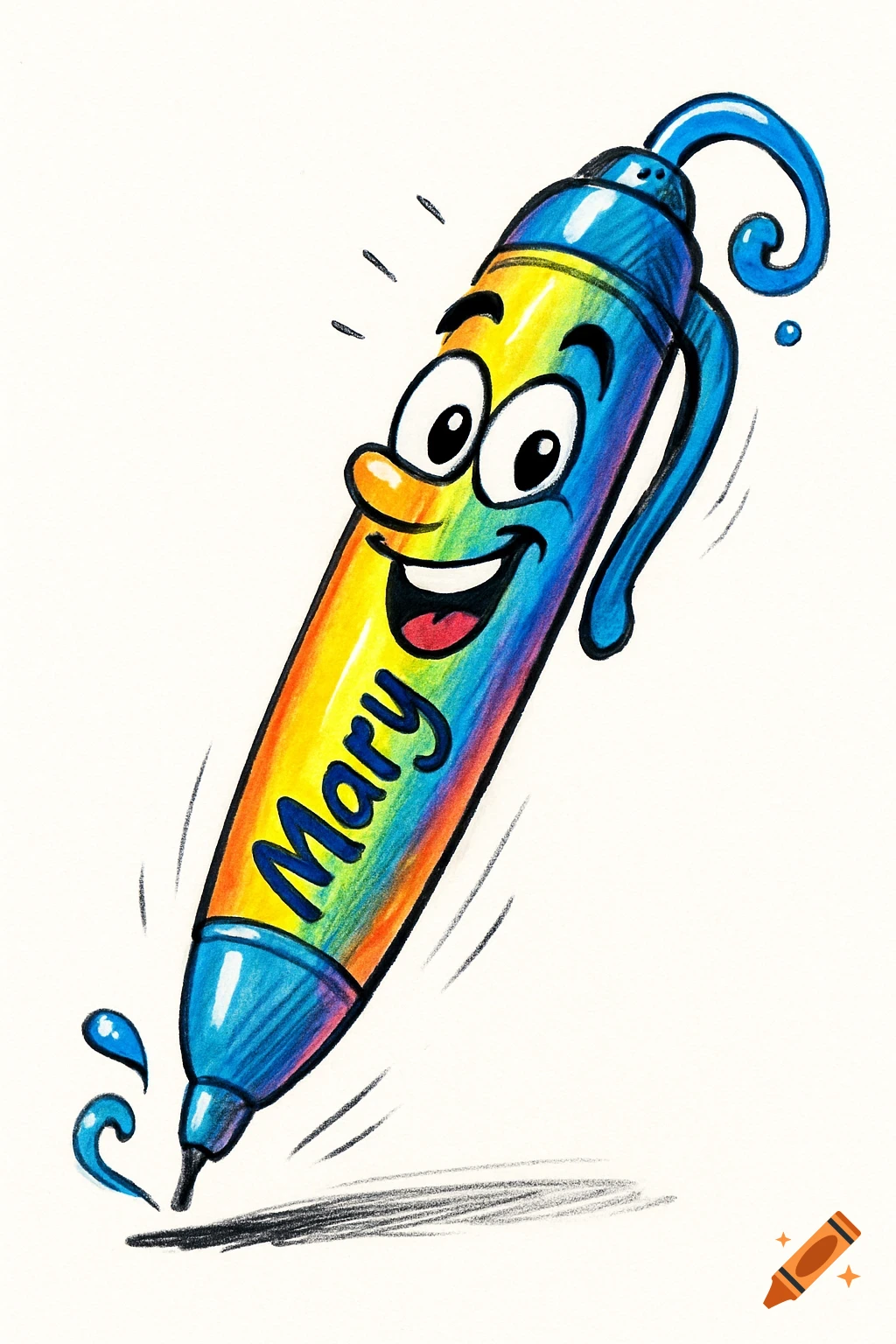 A colorful cartoon pen with a smiling face and the name 'Mary' on its body, drawing a blue line on a white background.