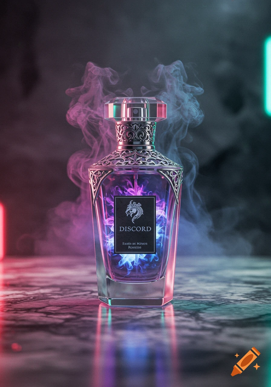A decorative perfume bottle with glowing purple liquid and an ornate silver cap, surrounded by pink and blue smoke. The label reads "DISCORD".