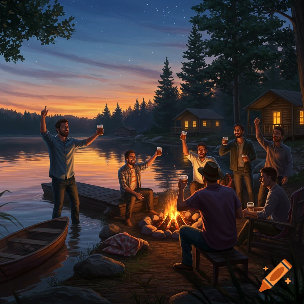 A group of men celebrate a bachelor party around a campfire by a lake at sunset, with cabins in the background.