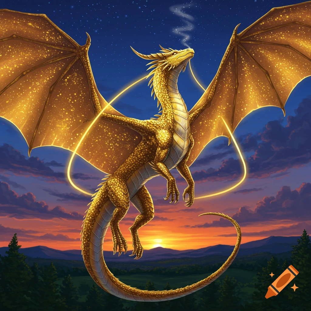 A majestic golden dragon with sparkling wings flying over a mountain landscape during sunset, against a starry sky.