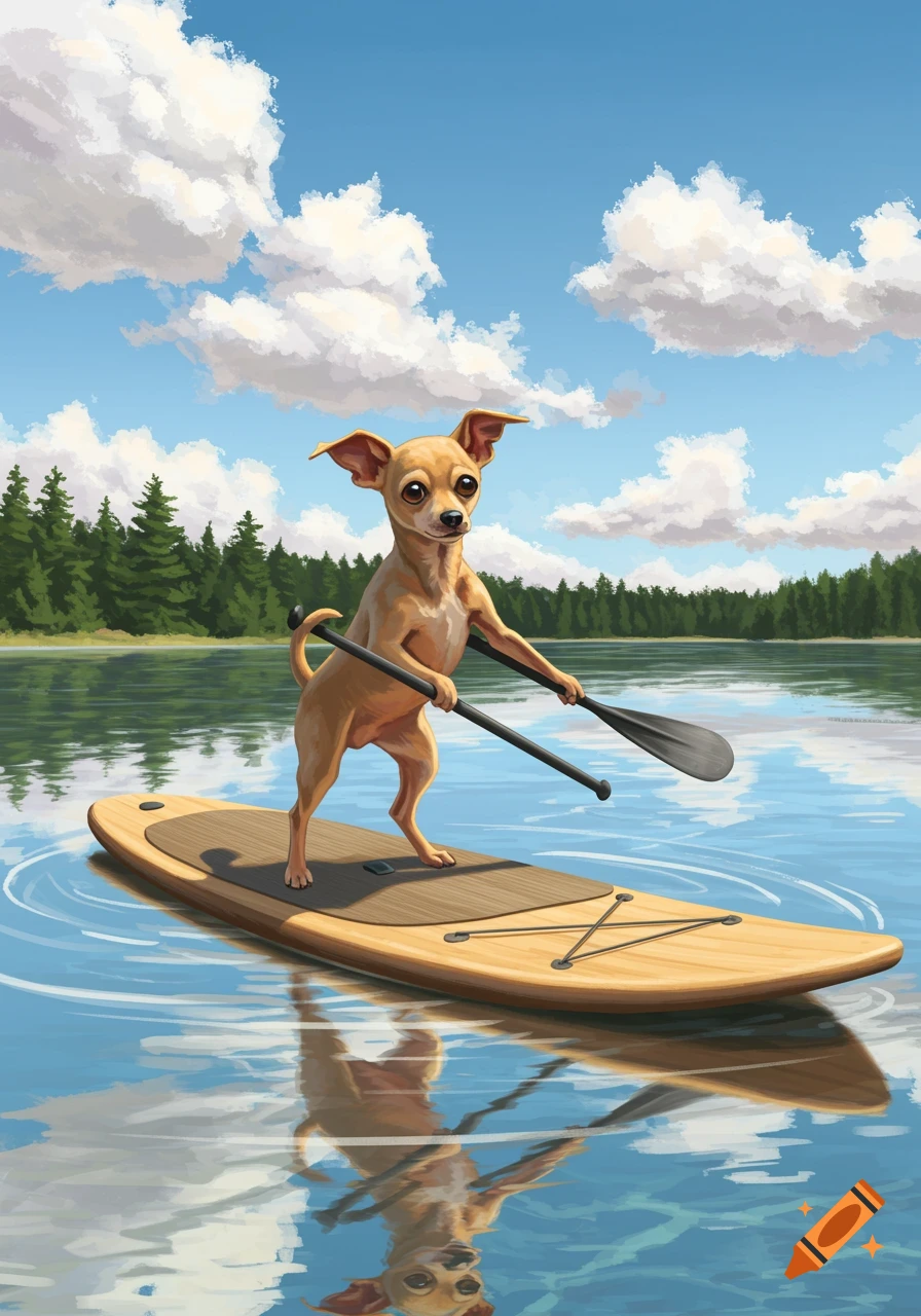 A tan chihuahua dog stands on a paddleboard in a lake, holding a paddle, under a blue sky with white clouds.