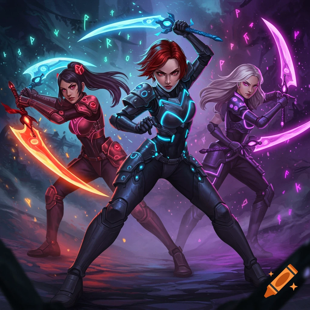 Three anime-style female warriors in dark, glowing suits hold illuminated swords in combat poses against a mystical, runic background.