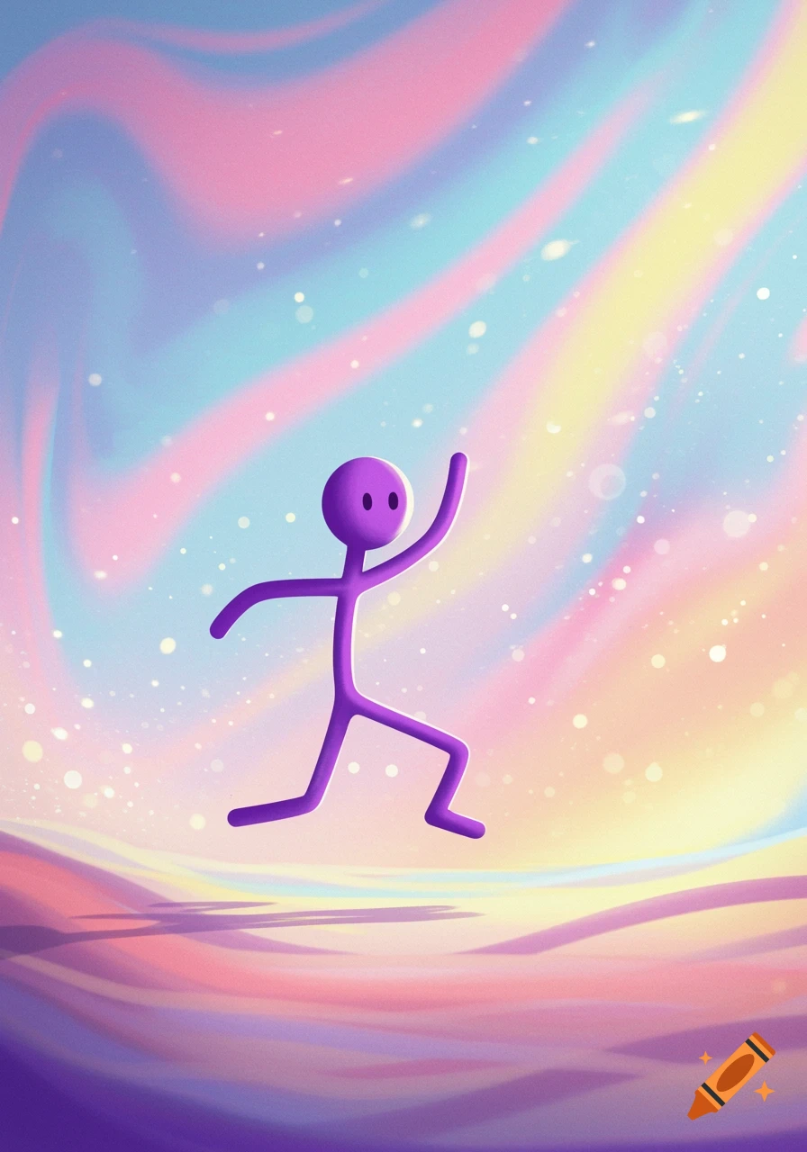 A purple stick figure runs against a vibrant, swirling background of pink, blue, and yellow with shimmering speckles.
