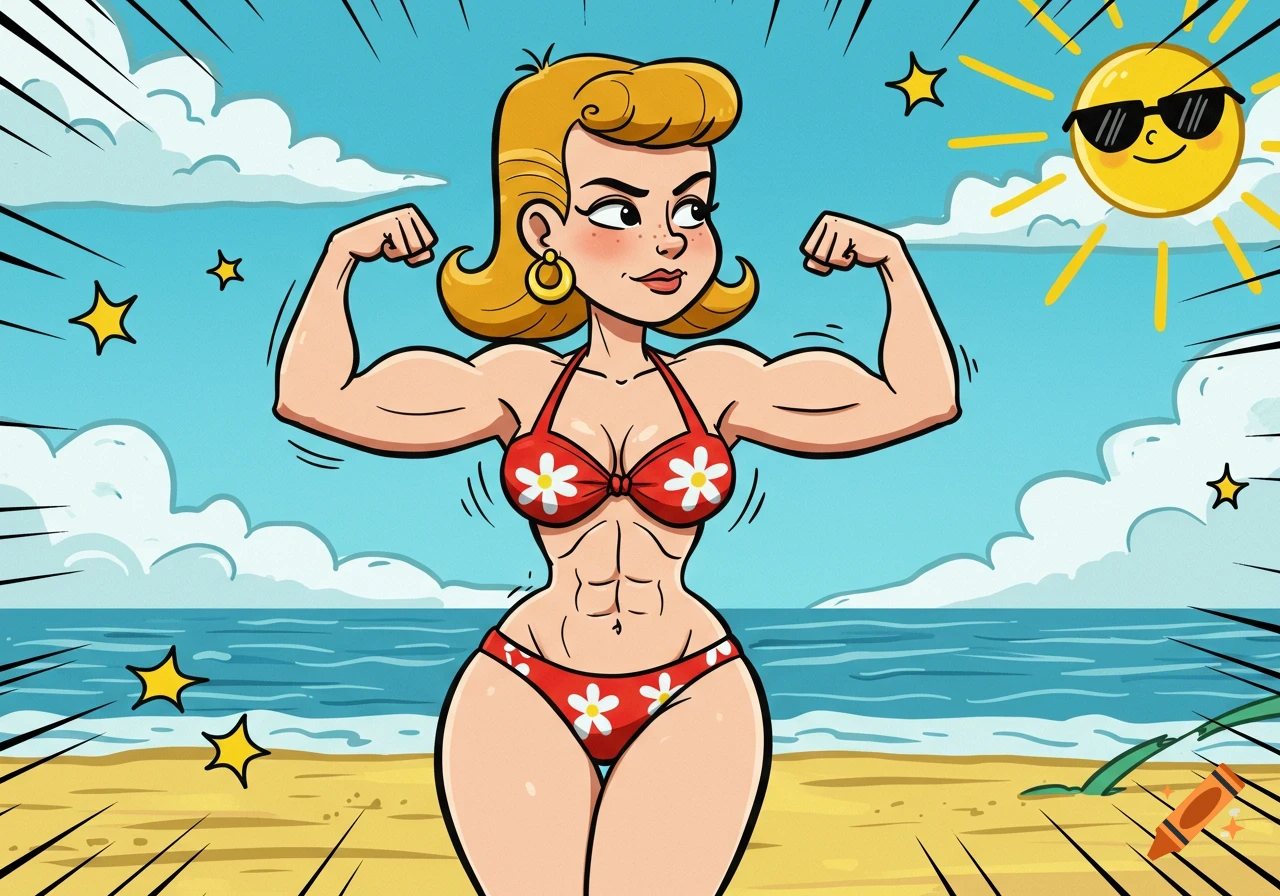 Cartoon woman with abs and large biceps in a red bikini flexes on a sunny beach in a comic strip style.