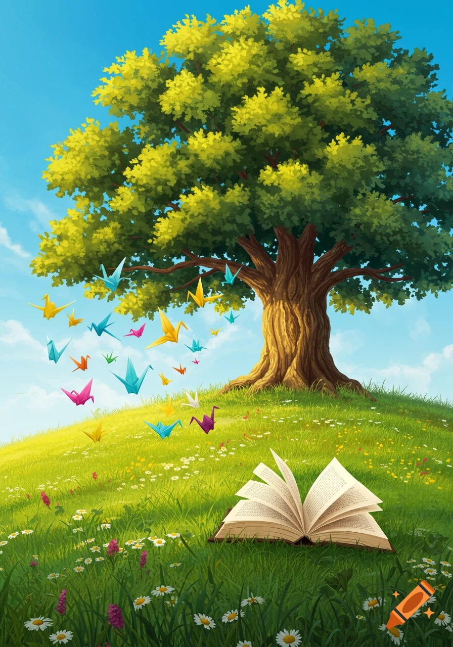 A vibrant illustration of a large green tree on a grassy hill with an open book and colorful origami birds flying around it under a blue sky.