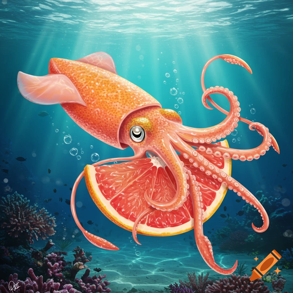 A vibrant illustration of a hybrid creature, part squid and part grapefruit, swimming in clear blue ocean water with coral reefs below.