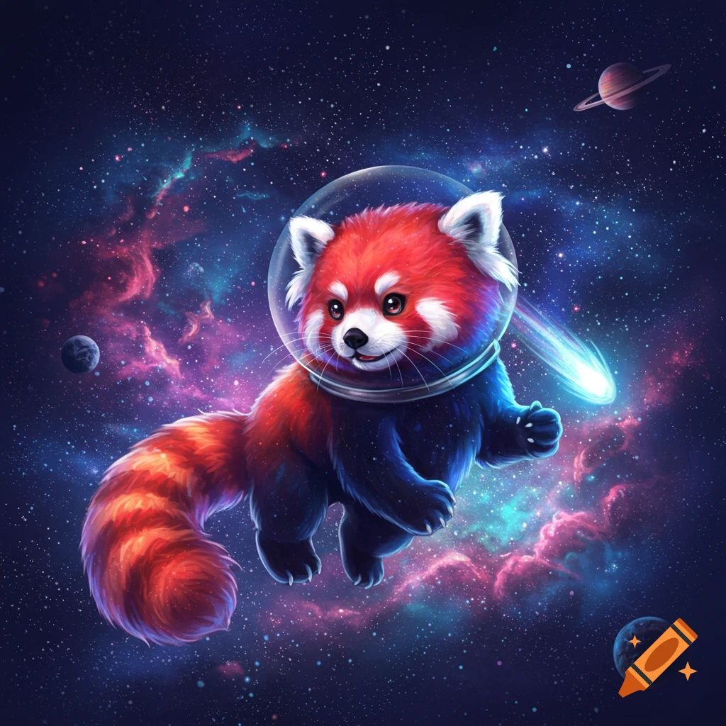 A cute, stylized red panda wearing a transparent astronaut helmet floats in a vibrant cosmic nebula filled with stars and planets.